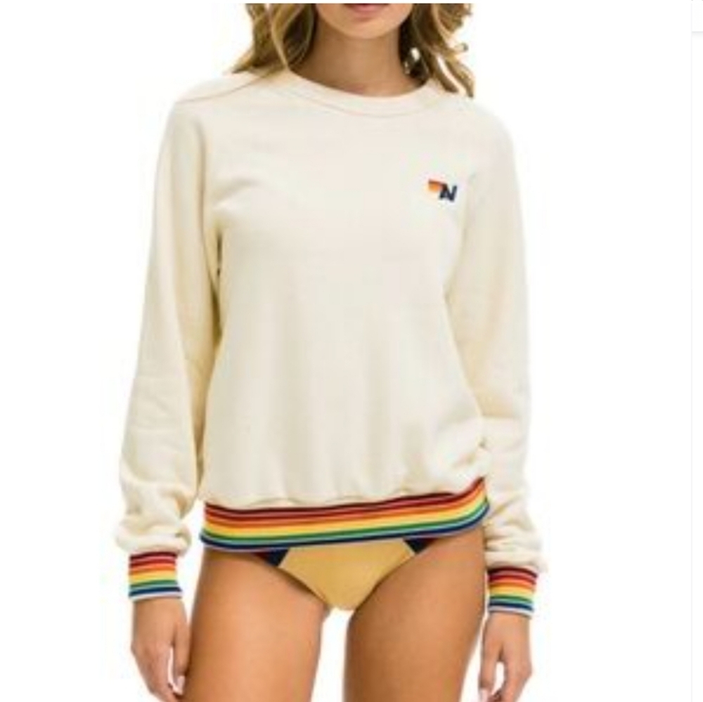 Aviator Nation Cream Crewneck Sweater with Rainbow Trim